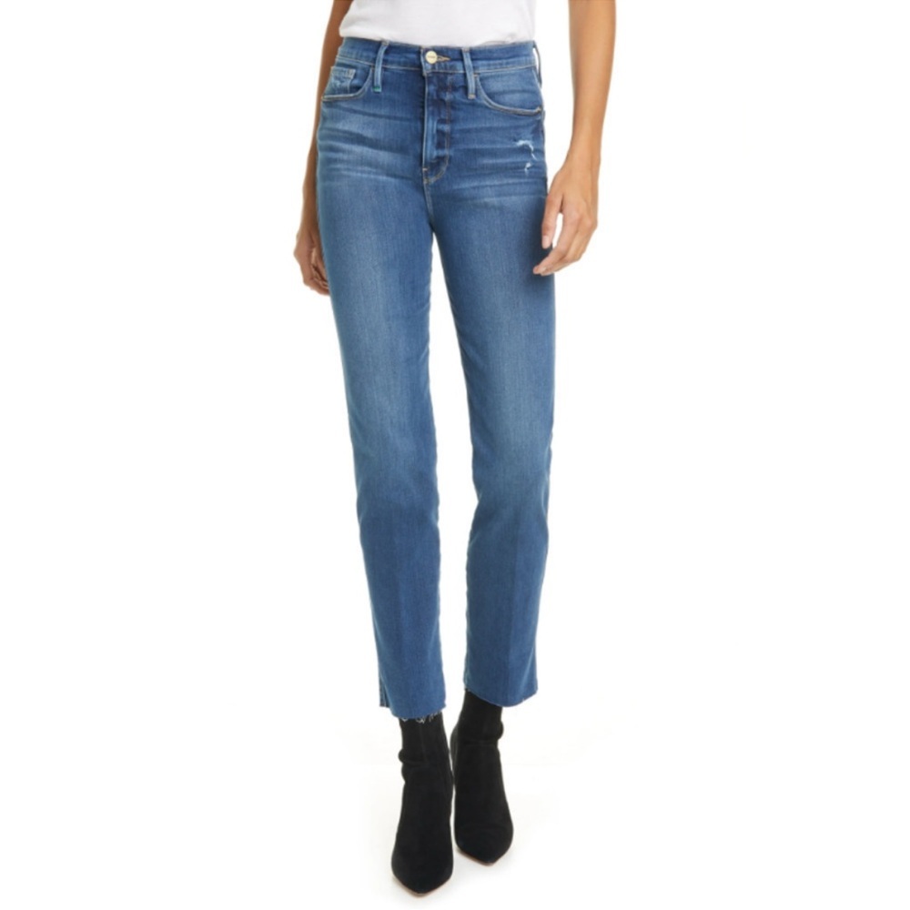 Frame Le Sylvie Jeans High Rise Straight Fit Crop Raw Edge Size 26 Mid Blue Jean